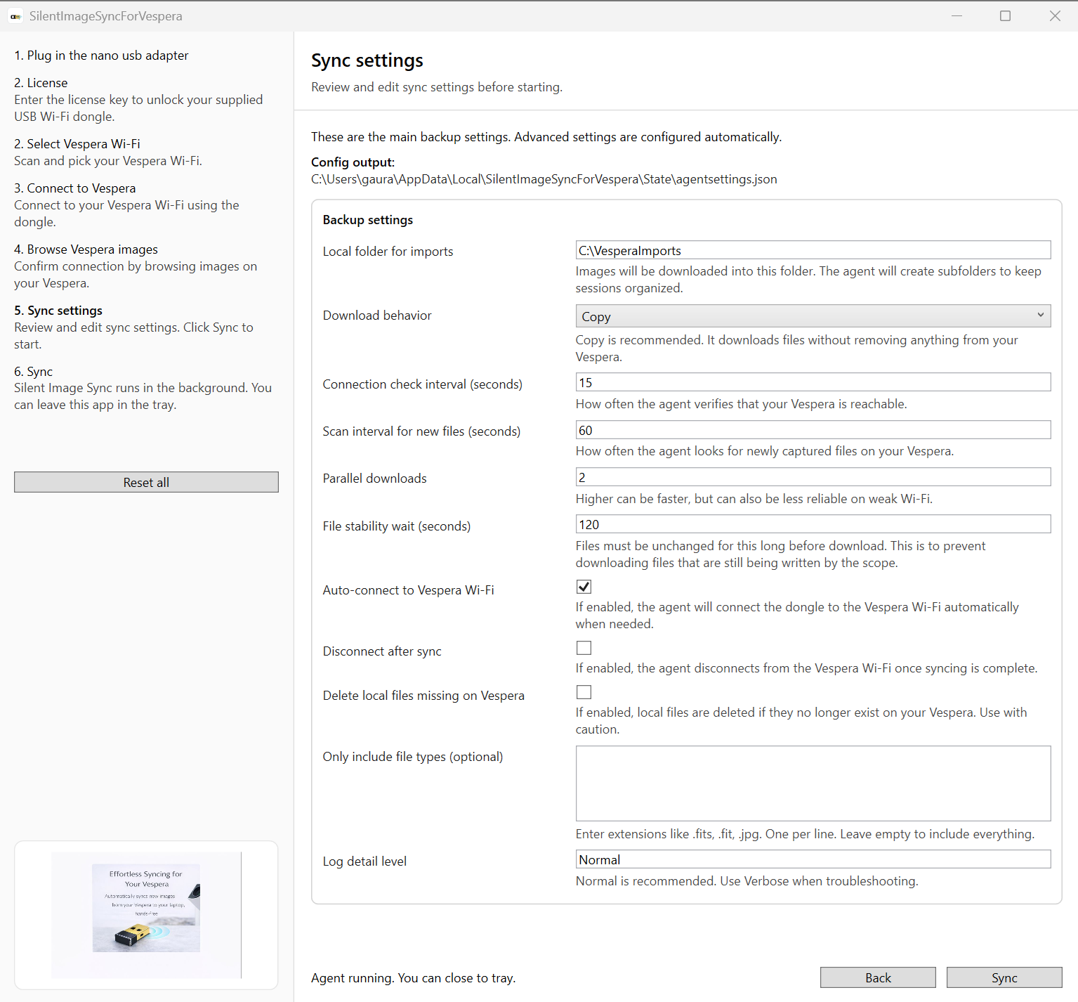 SilentImageSync software interface with sync settings on a white background