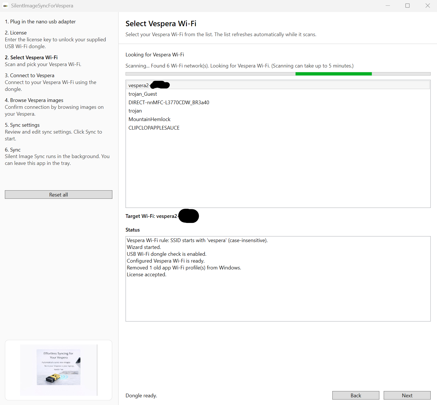 Vespera Wi-Fi setup screen with network scanning progress