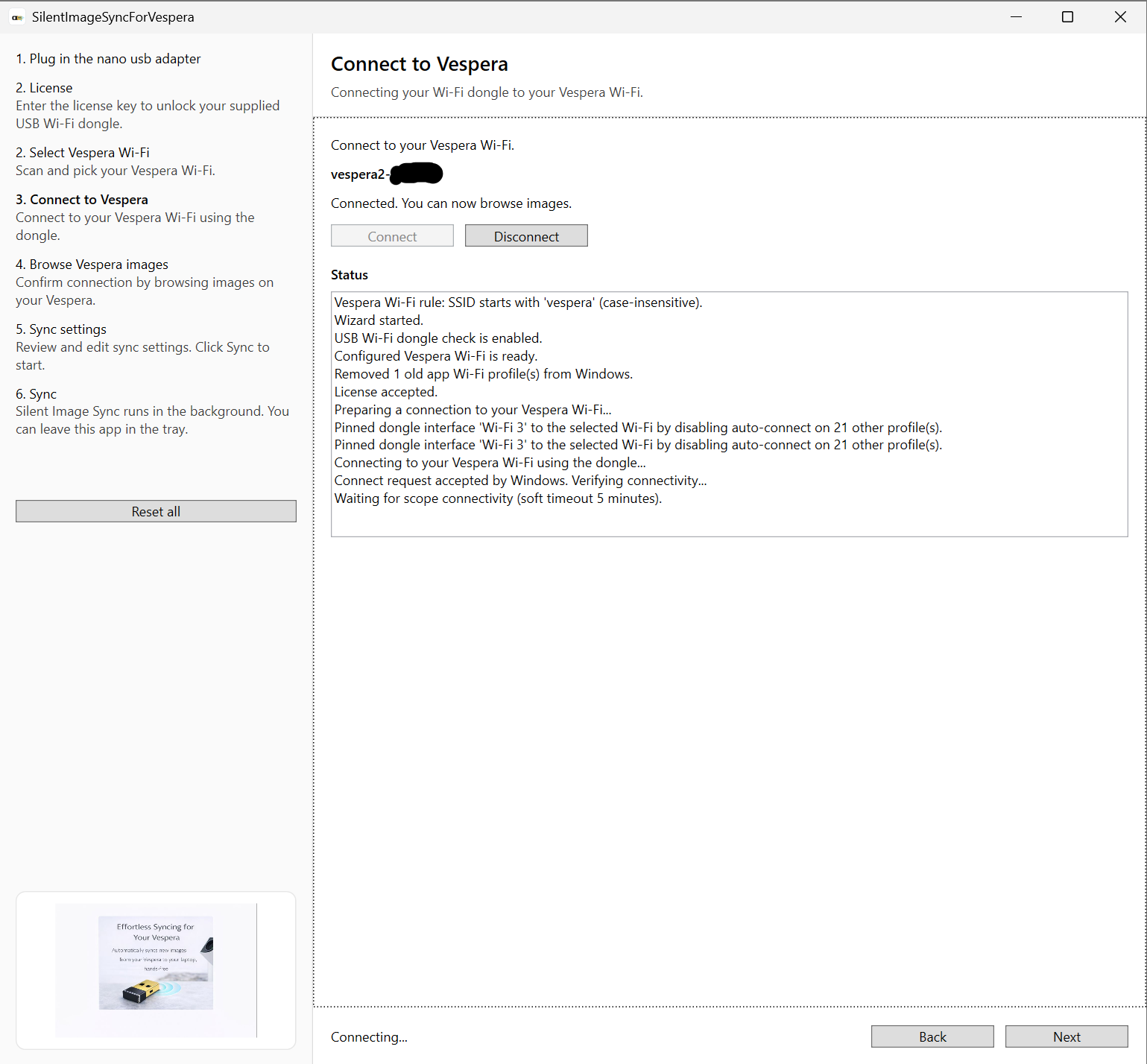 Software interface for connecting to Vespera with Wi-Fi settings displayed.