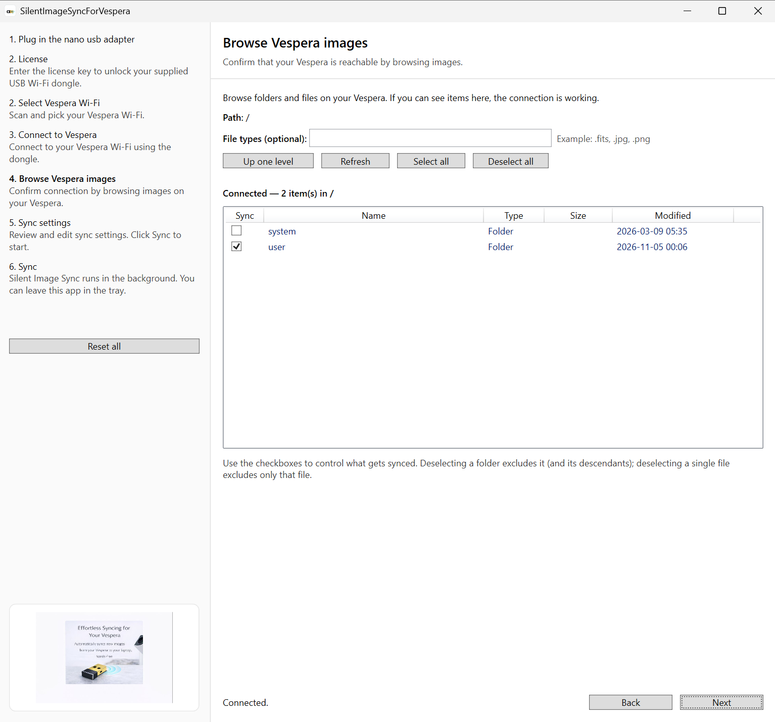 Software interface for browsing and syncing Vespera images on FTP