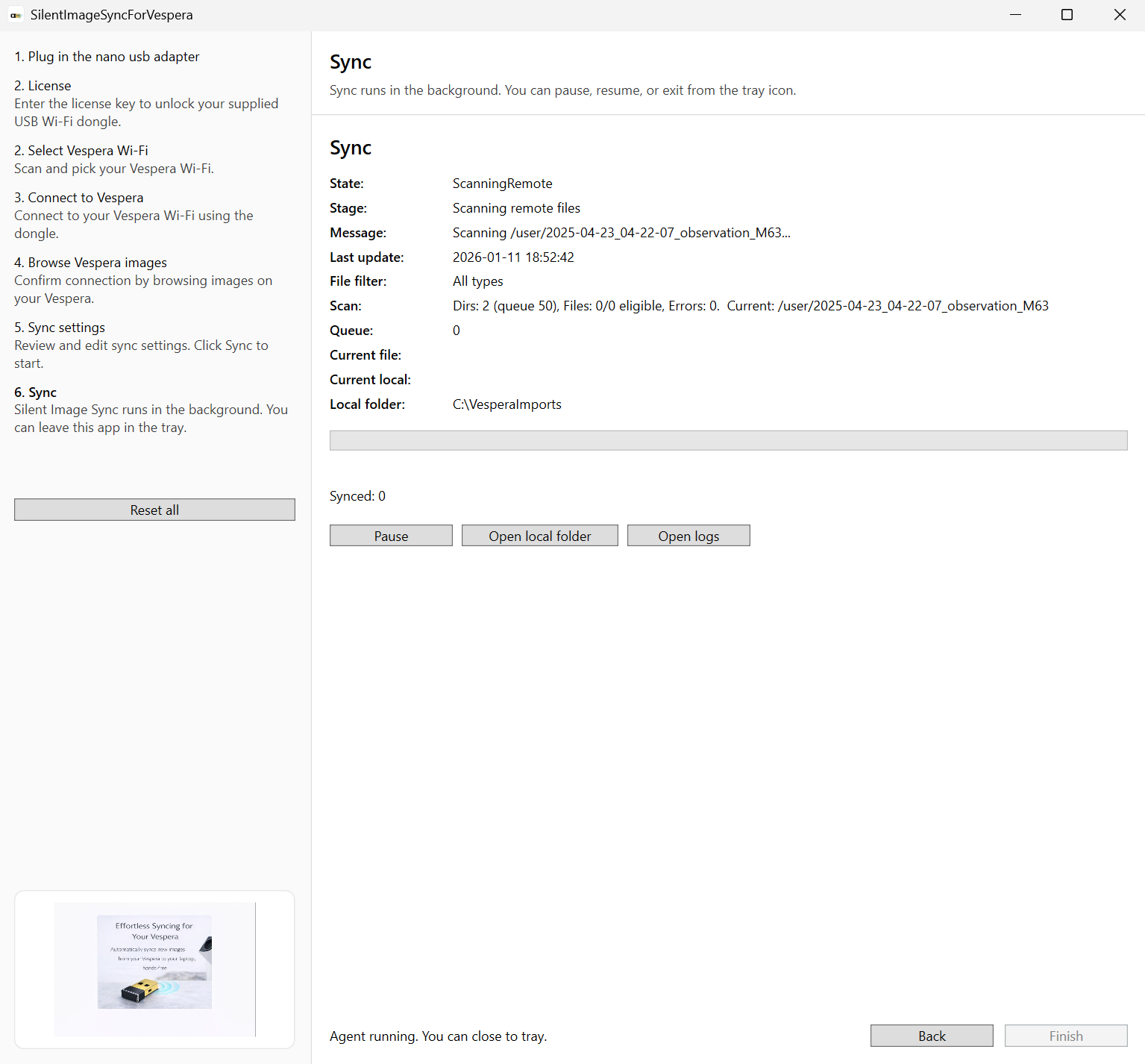 Software interface for a file synchronization for Vaonis Vespera