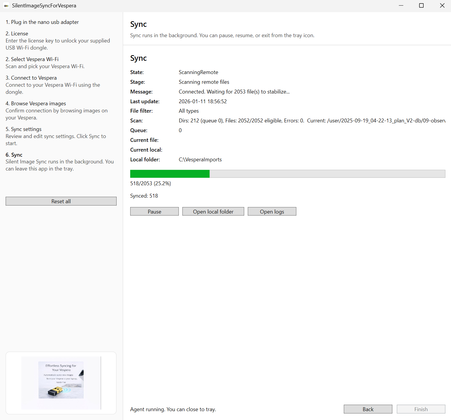 Software interface for syncing files with a progress bar and status messages.